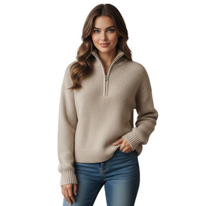 Cupcake Sweater Womens XS Beige Mock Neck 1/2 Zip Knit Pullover Minimalist Cozy